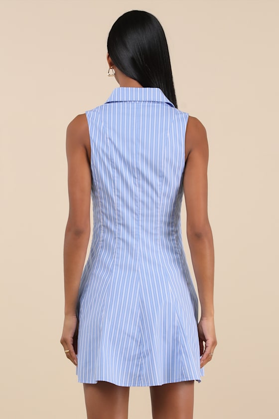Zenley Blue Striped Collared Skater Mini Dress