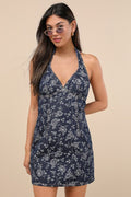 Summertime Inspiration Dark Wash Floral Denim Halter Mini Dress