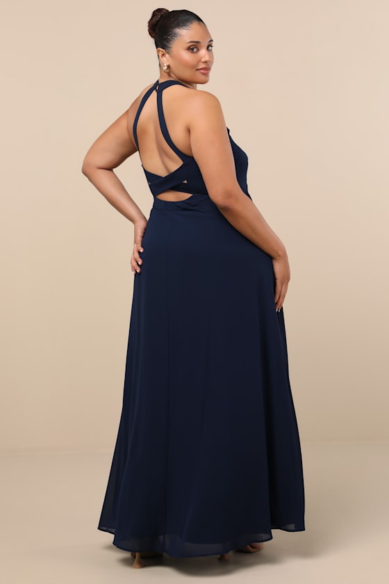 Confidently Charismatic Navy Blue Backless Halter Maxi Dress
