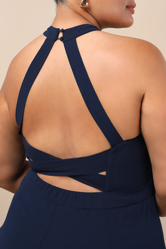 Confidently Charismatic Navy Blue Backless Halter Maxi Dress