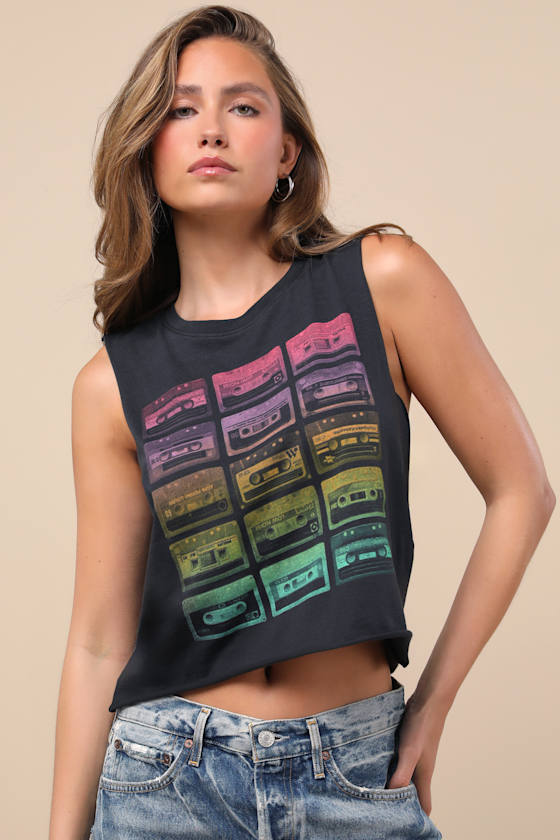 Cassette Black Multi Graphic Muscle Crop Tank Top