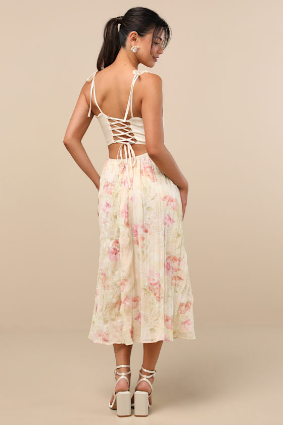 Rosalee Ivory Floral Mixed Media Midi Dress