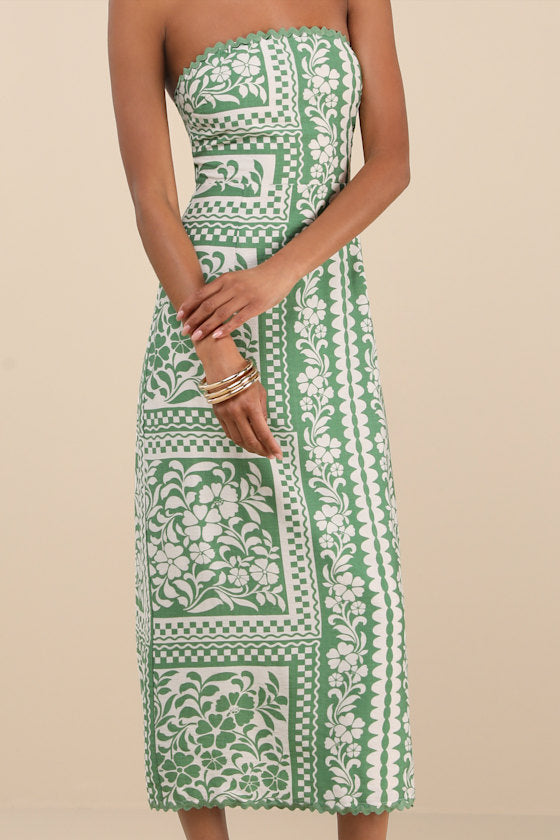 Brigita Green Floral Strapless Column Midi Dress