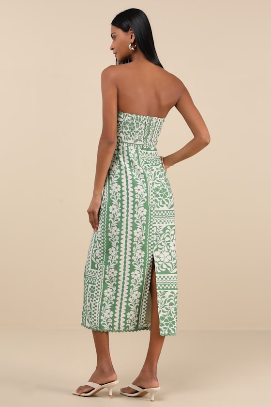 Brigita Green Floral Strapless Column Midi Dress