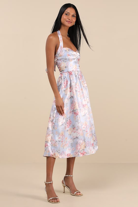Briselda Light Blue Floral Organza Halter Midi Dress