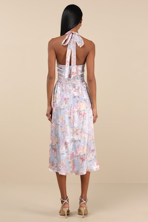 Briselda Light Blue Floral Organza Halter Midi Dress
