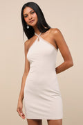 Maveline Beige Striped Ribbed Knit Halter Mini Dress