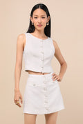 Monique White Tweed Button-Front Mini Skirt
