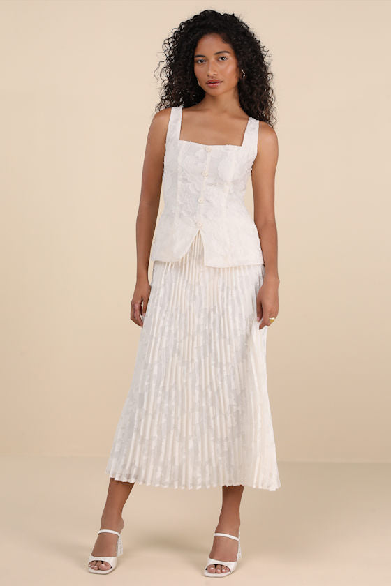 Alyona Cream Burnout Two-Piece Pleated Midi Dress