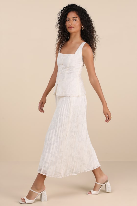 Alyona Cream Burnout Two-Piece Pleated Midi Dress