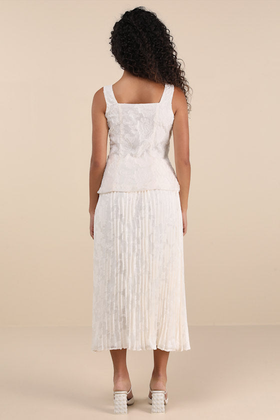 Alyona Cream Burnout Two-Piece Pleated Midi Dress