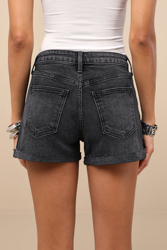 Adisa Washed Black Cuffed Denim Shorts