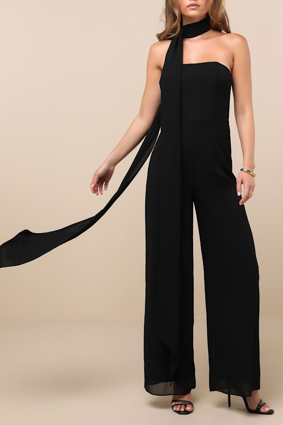 Kavina Black Wide-Leg Jumpsuit and Scarf Set