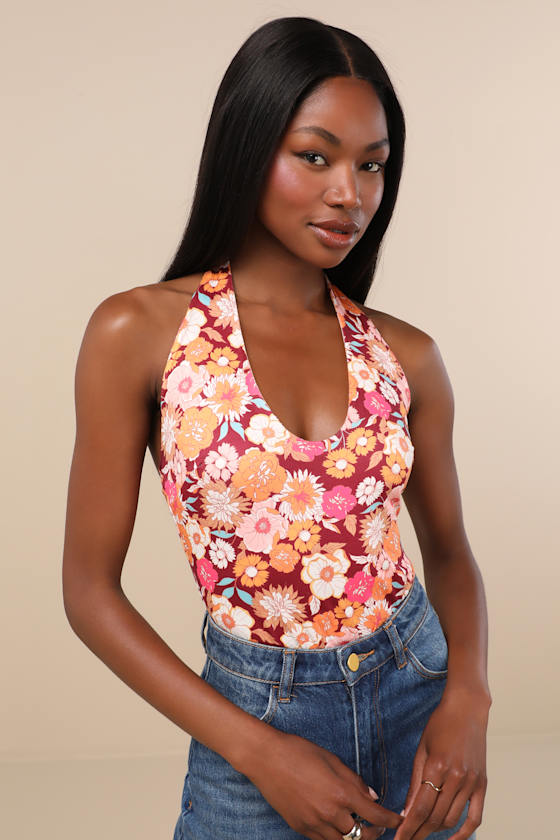 Boldly Blooming Burgundy Floral Print Halter Bodysuit
