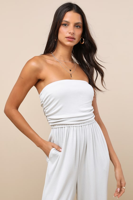 Flawless Comfort Bone Ruched Strapless Jogger Jumpsuit