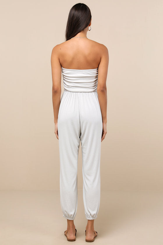 Flawless Comfort Bone Ruched Strapless Jogger Jumpsuit