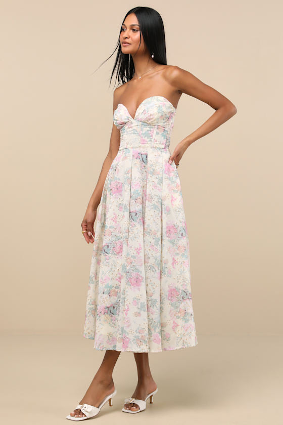 Ebba Ivory Floral Eyelet Embroidered Strapless Midi Dress