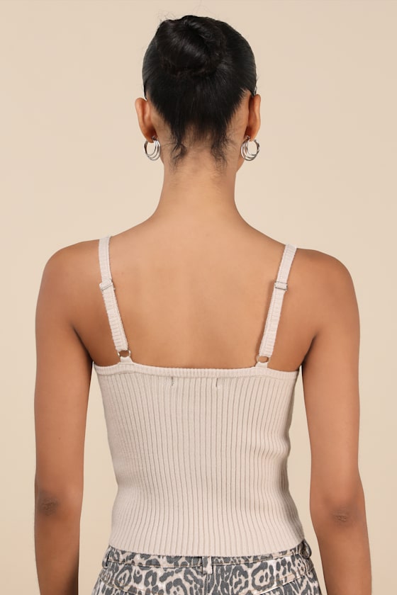 Melika Beige Ribbed Knotted Crop Tank Top