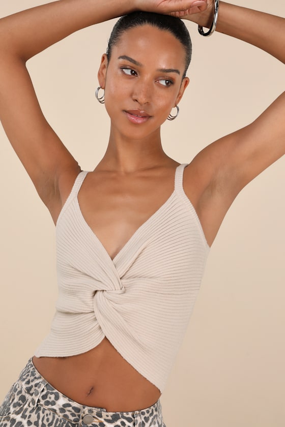 Melika Beige Ribbed Knotted Crop Tank Top