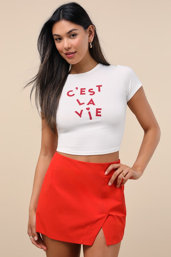 Briana Bright Red Notched Mini Skirt