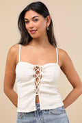 Annelie Cream Textured Knit Lace-Up Tank Top