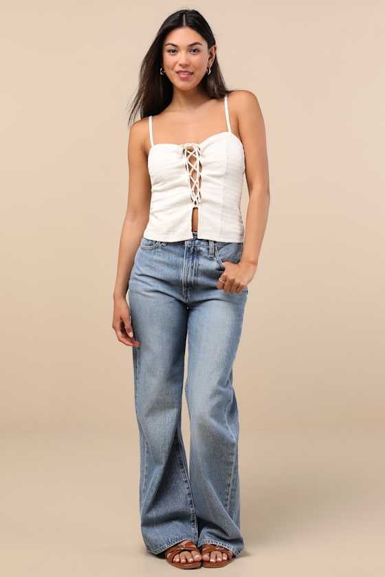 Annelie Cream Textured Knit Lace-Up Tank Top