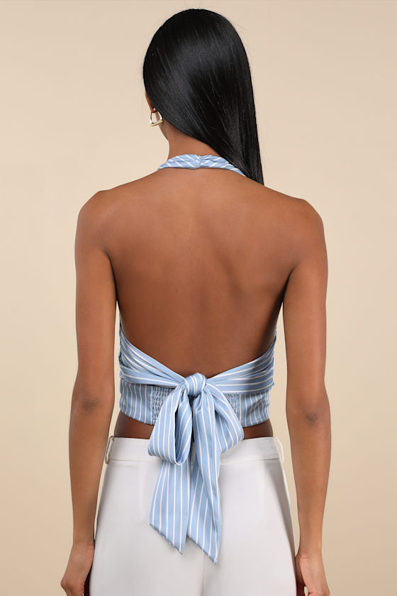 Damaina Light Blue Striped Satin Tie-Back Halter Top