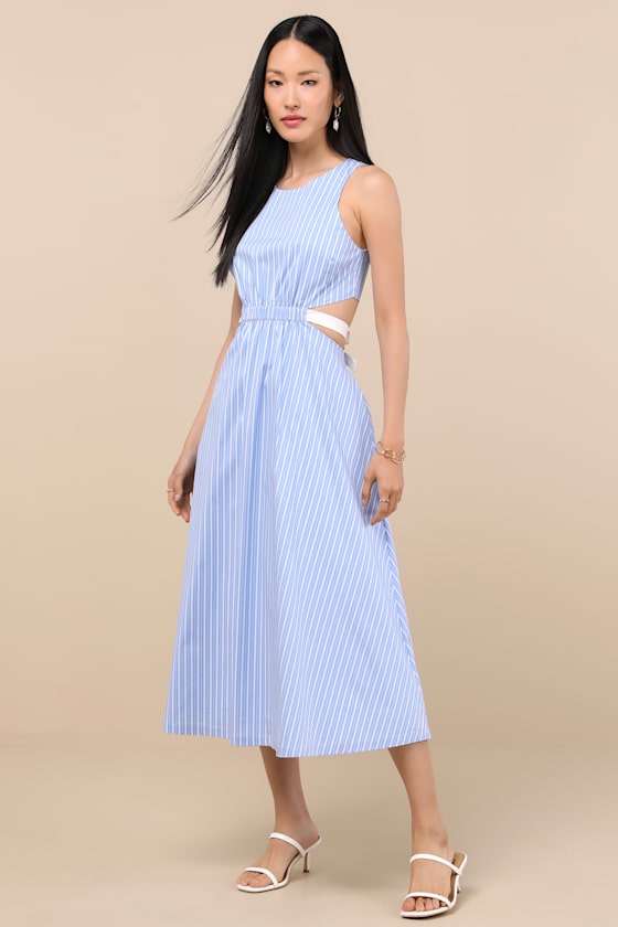 Kianne Blue Striped Cutout Tie-Back Midi Dress