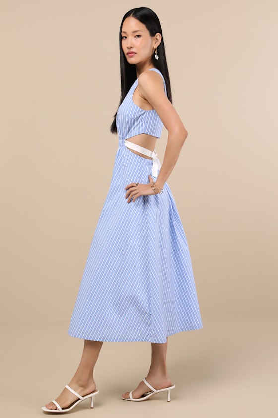 Kianne Blue Striped Cutout Tie-Back Midi Dress