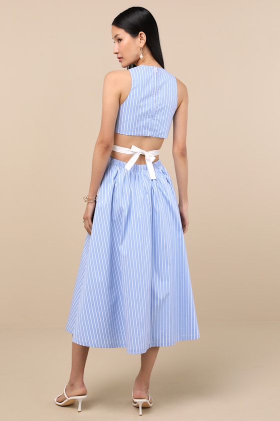 Kianne Blue Striped Cutout Tie-Back Midi Dress