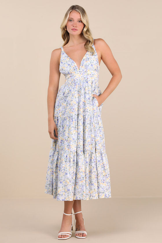 Brightly Blossoming Light Blue Floral Tiered Midi Dress