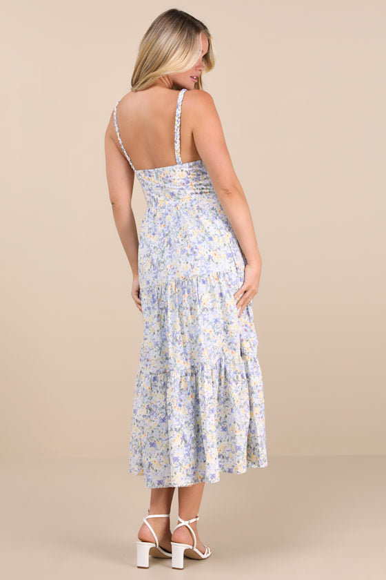 Brightly Blossoming Light Blue Floral Tiered Midi Dress