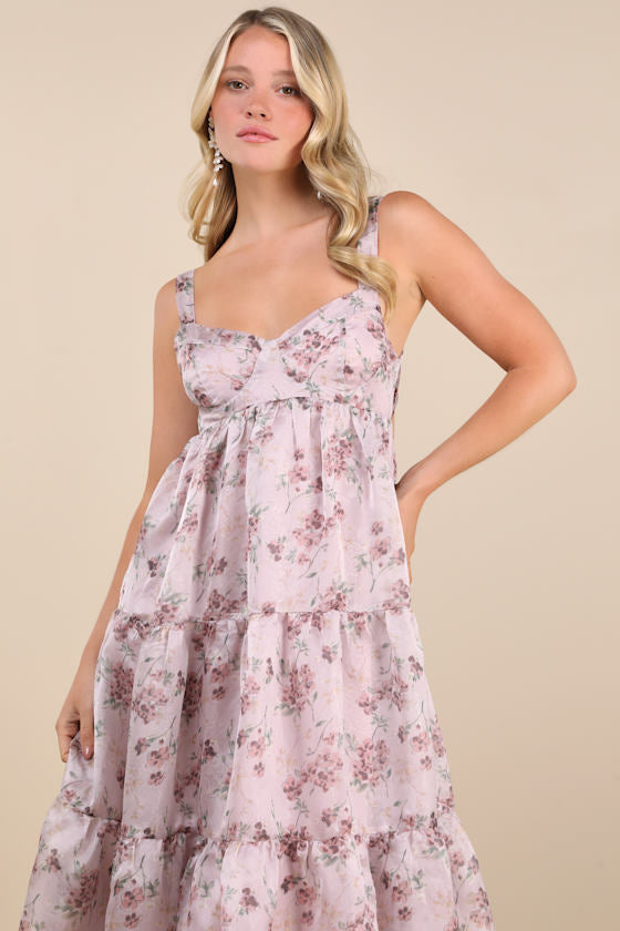 Marvelously Darling Mauve Floral Tiered Backless Midi Dress