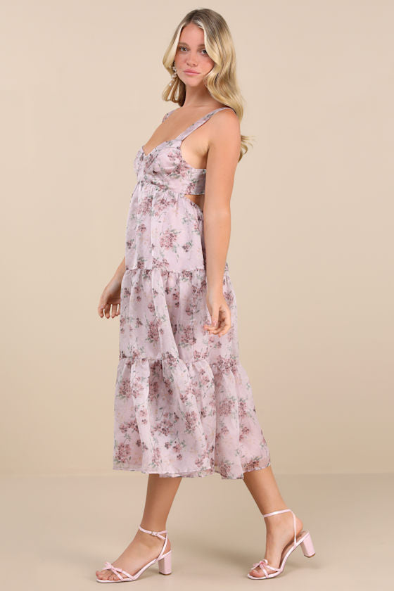 Marvelously Darling Mauve Floral Tiered Backless Midi Dress