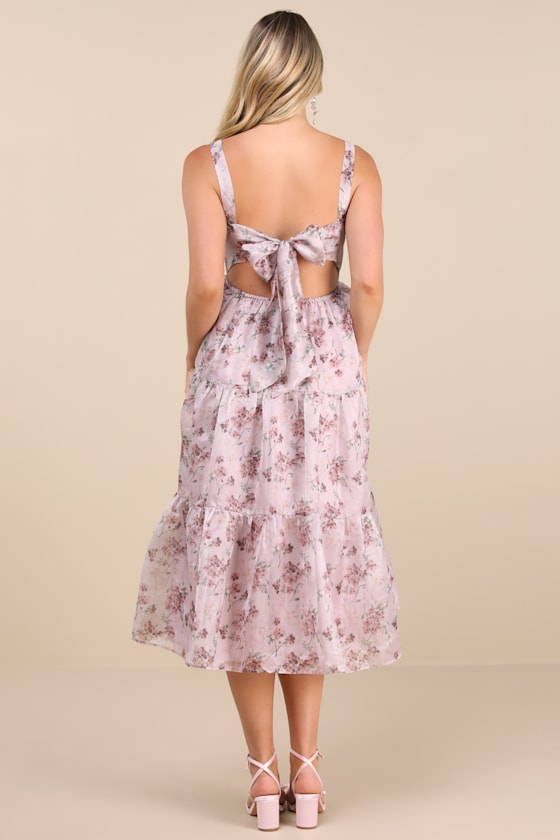 Marvelously Darling Mauve Floral Tiered Backless Midi Dress