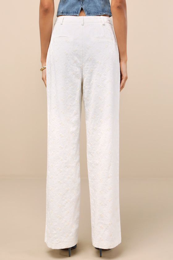 Andrey Cream Floral Embroidered Straight-Leg Trouser Pants