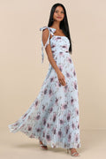 Gorgeous Purpose Blue Floral Pleated Sleeveless Bow Maxi Dress