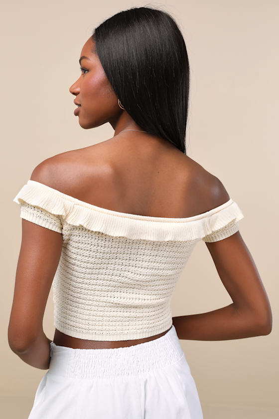Atarah Cream Open-Knit Off-the-Shoulder Sweater Top