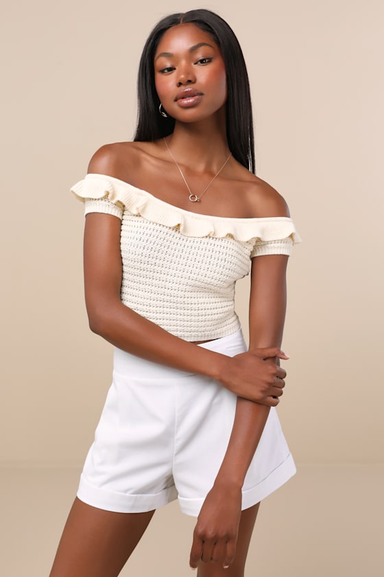 Atarah Cream Open-Knit Off-the-Shoulder Sweater Top