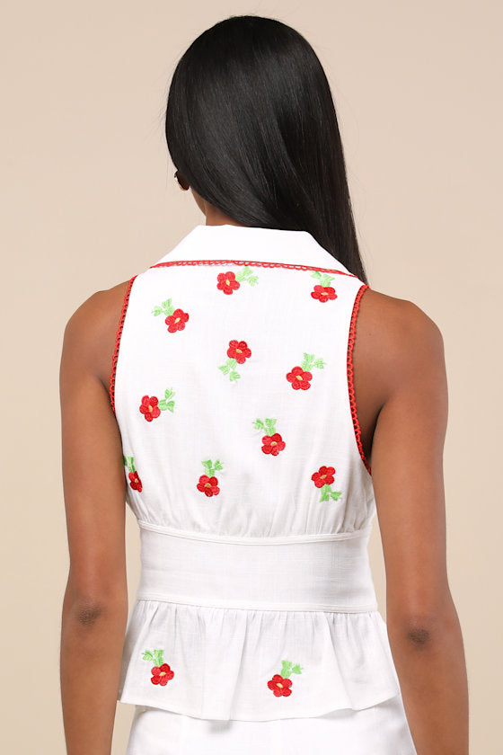 Ayah White Embroidered Collared Button-Front Top