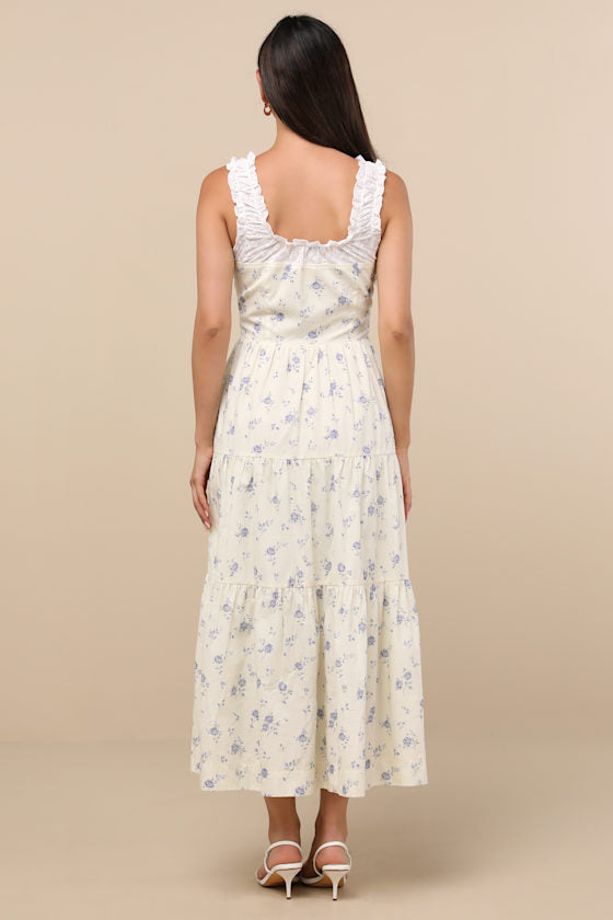 Bianka Ivory Floral Ruffled Tiered Midi Dress