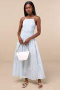 Jalessa Light Blue Multi Striped Drop Waist Midi Dress