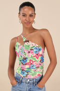 Anahera Green Floral Mesh Cutout One-Shoulder Bodysuit