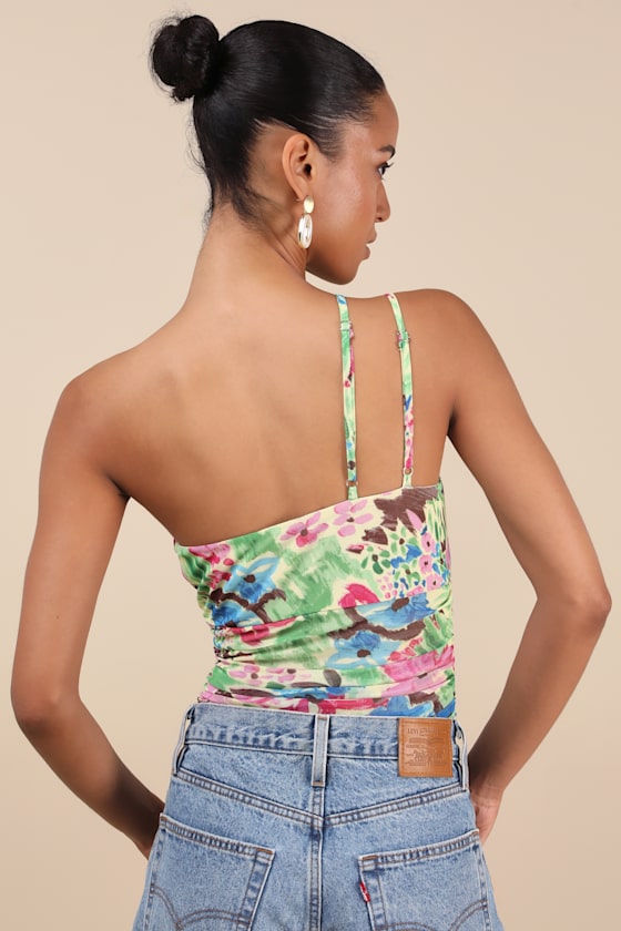 Anahera Green Floral Mesh Cutout One-Shoulder Bodysuit