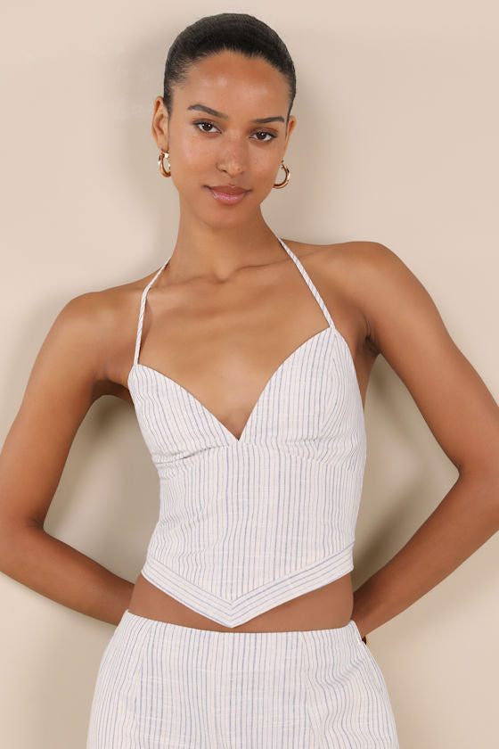 Anahita Cream and Blue Striped Halter Top