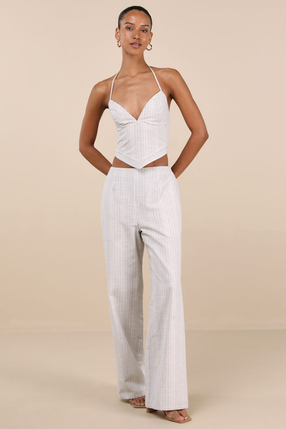 Anahita Cream and Blue Striped Halter Top