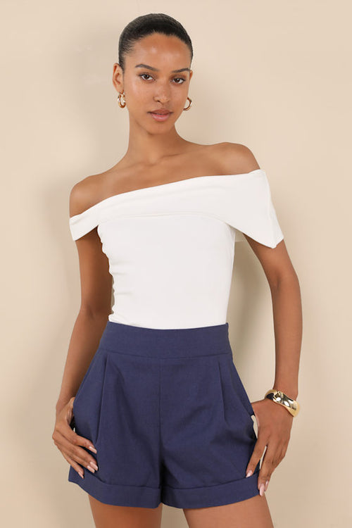 Marieke Navy Pleated High-Rise Shorts