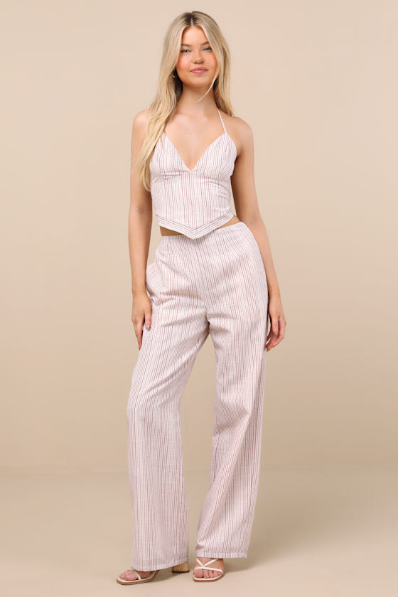 Anahita Cream and Red Striped Halter Top