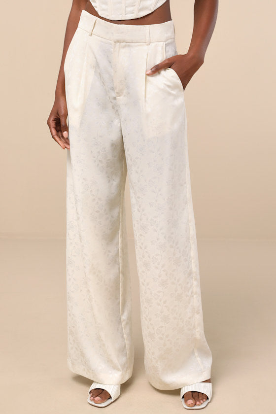 Karee Ivory Satin High-Rise Trousers
