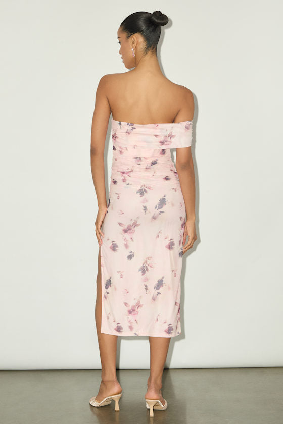 Jayleen Light Pink Floral Mesh One-Shoulder Midi Dress